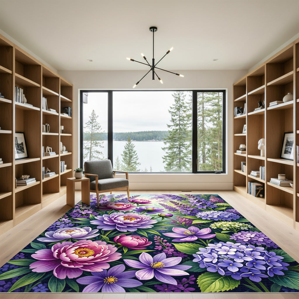 Vibrant Lilac Peony Garden Blossom Rug