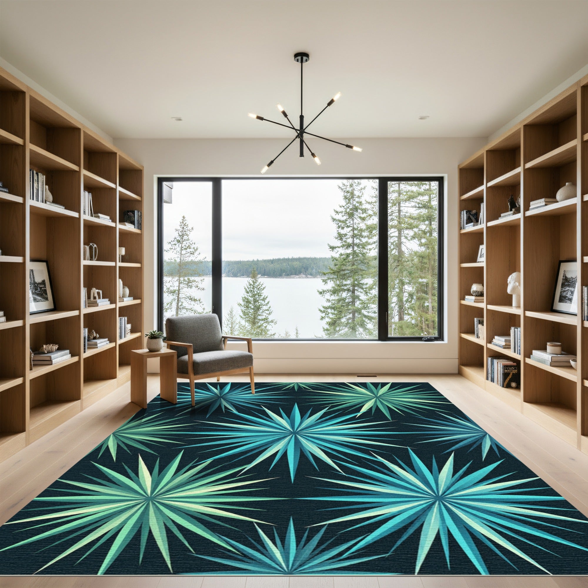 Geometric Teal Green Starburst Art Rug