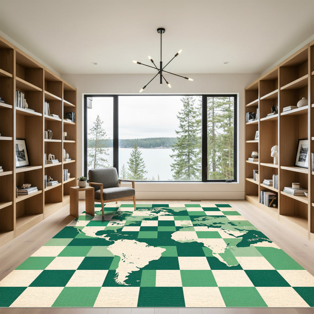 Green Checkered Global Map Illustration Rug