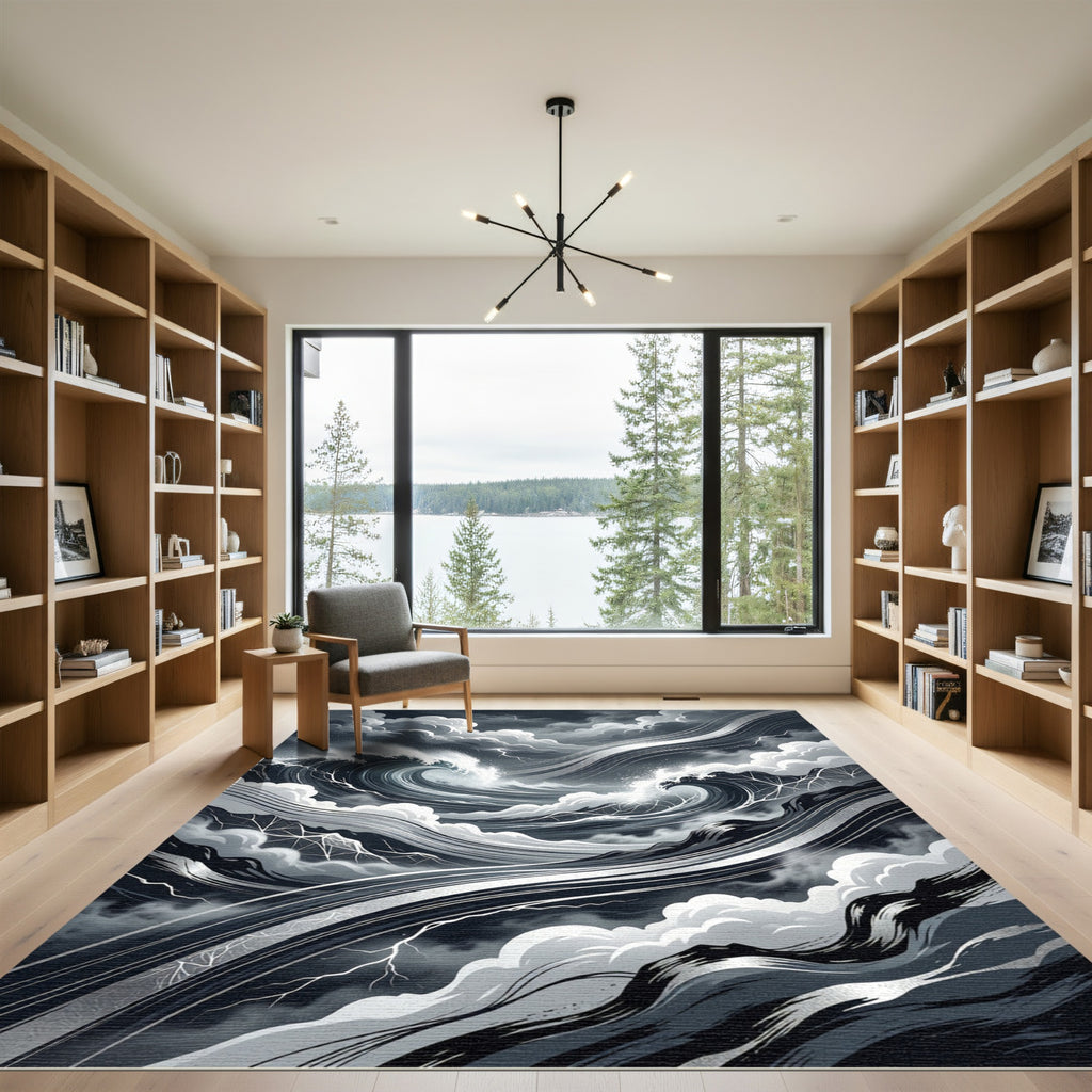 Monochrome Stormy Wave Abstract Art Rug
