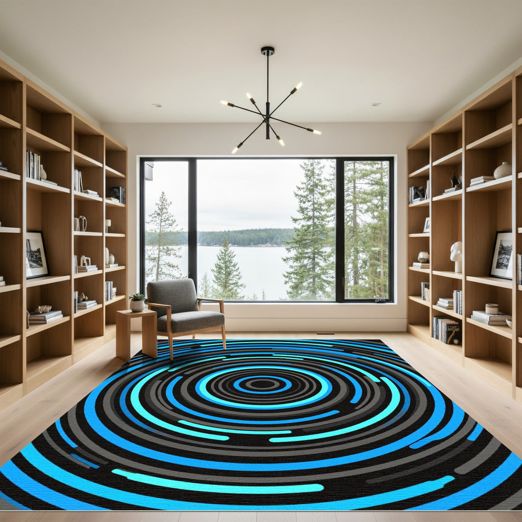 Luminous Blue Concentric Circular Abstract Concentric Rug