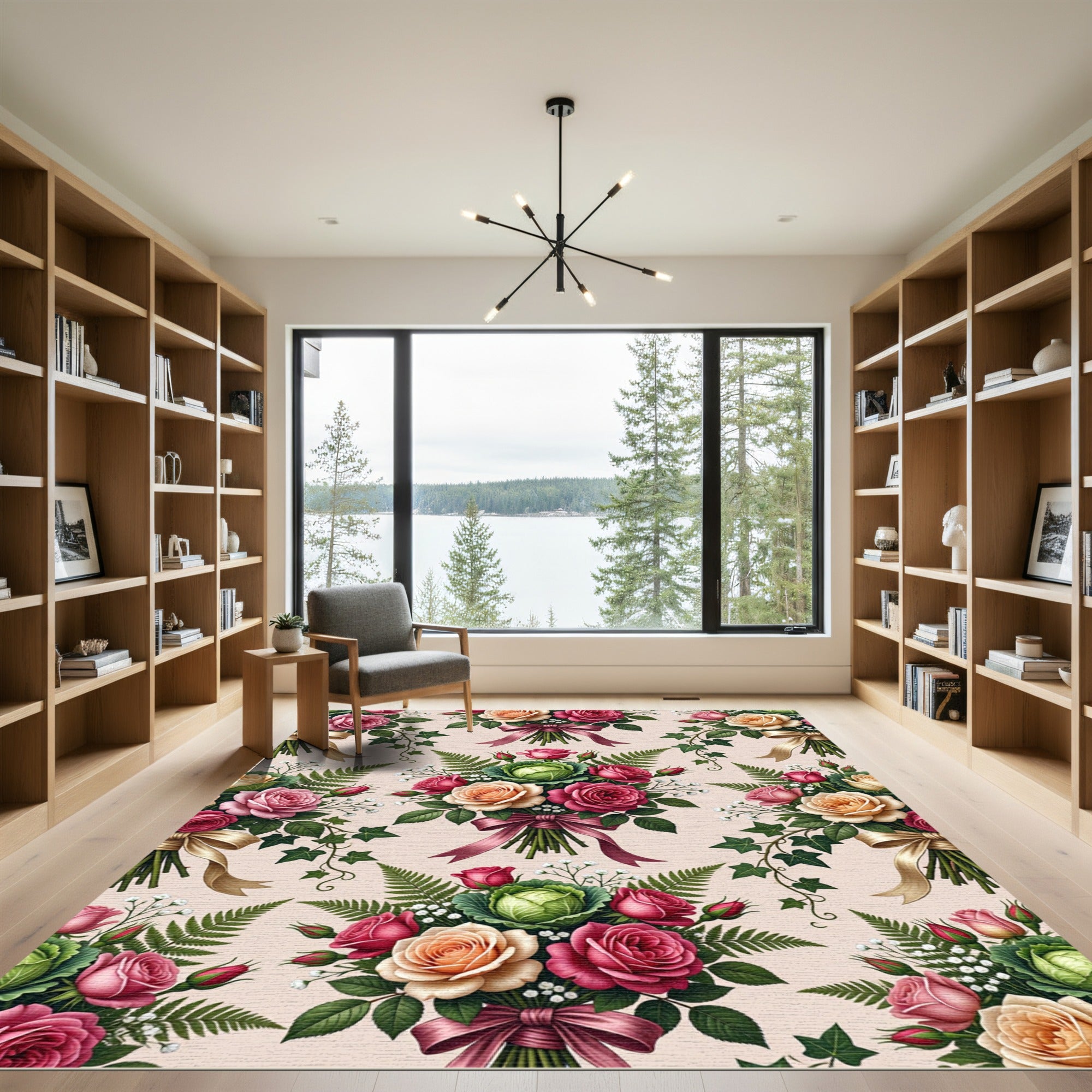 Romantic Rose and Cabbage Floral Bouquet Rug