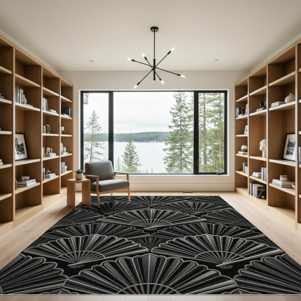 Art Deco Black Fan Motif Rug