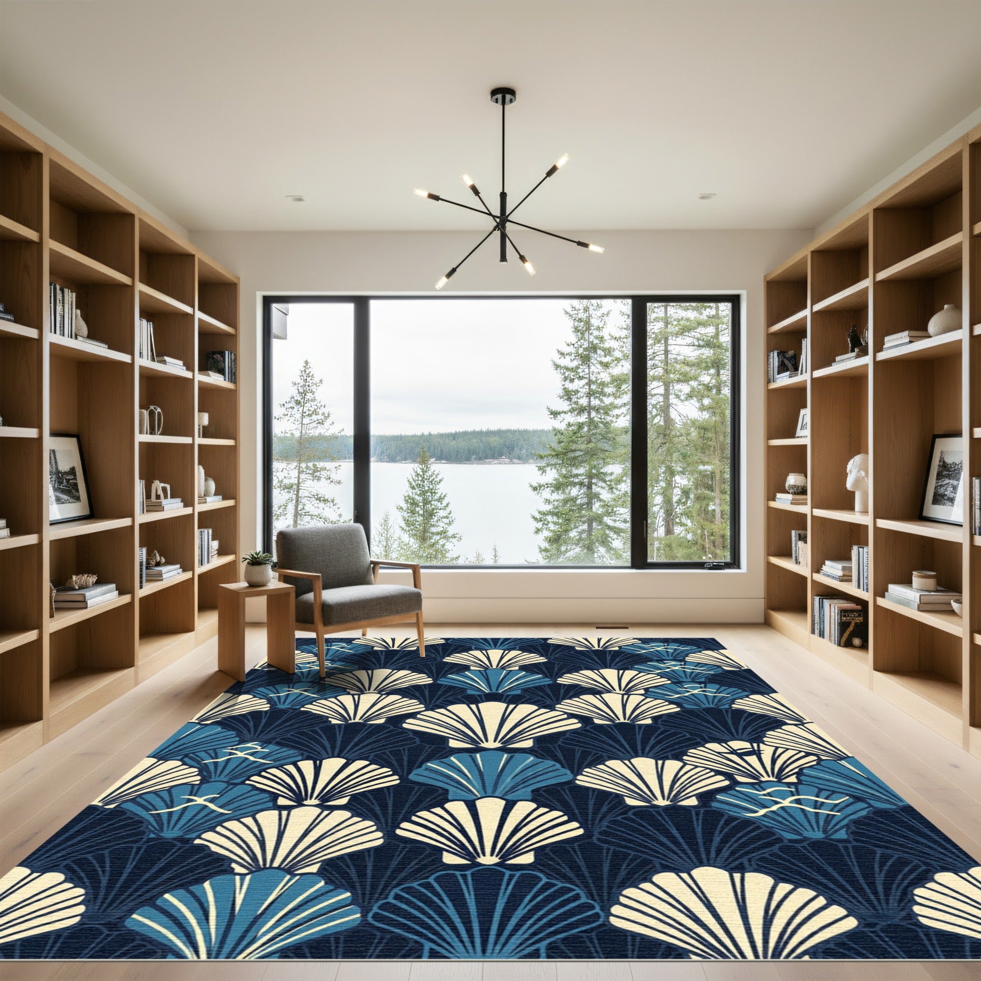 Art Deco Navy Shell Wave Composition Rug