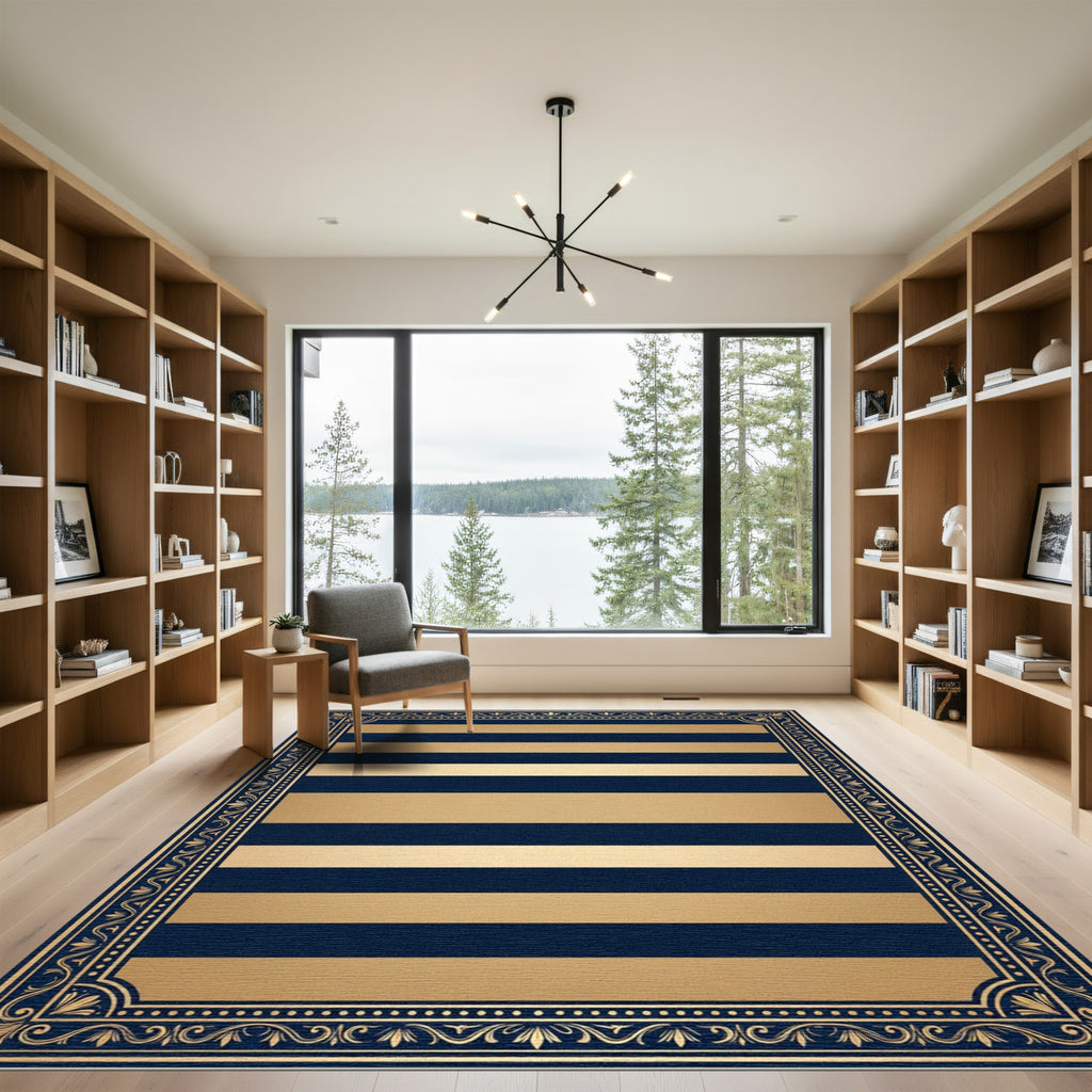 Bold Navy Gold Striped Ornate Frame Rug