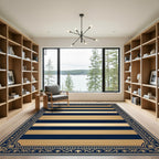 Bold Navy Gold Striped Ornate Frame Rug