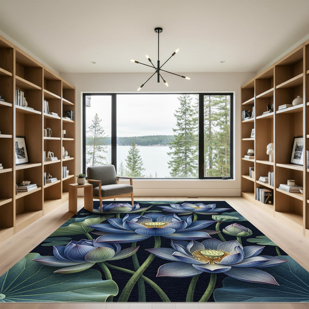 Midnight Blue Lotus Botanical Art Rug