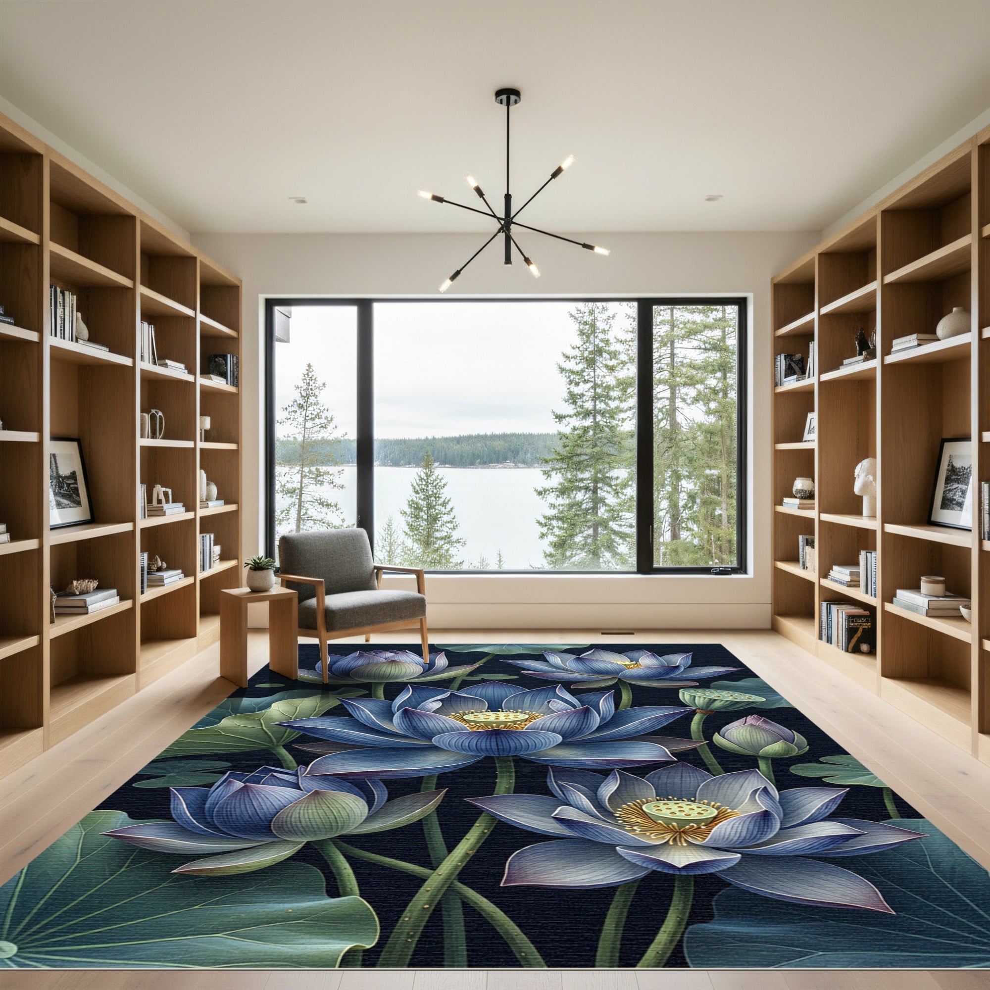Midnight Blue Lotus Botanical Art Rug
