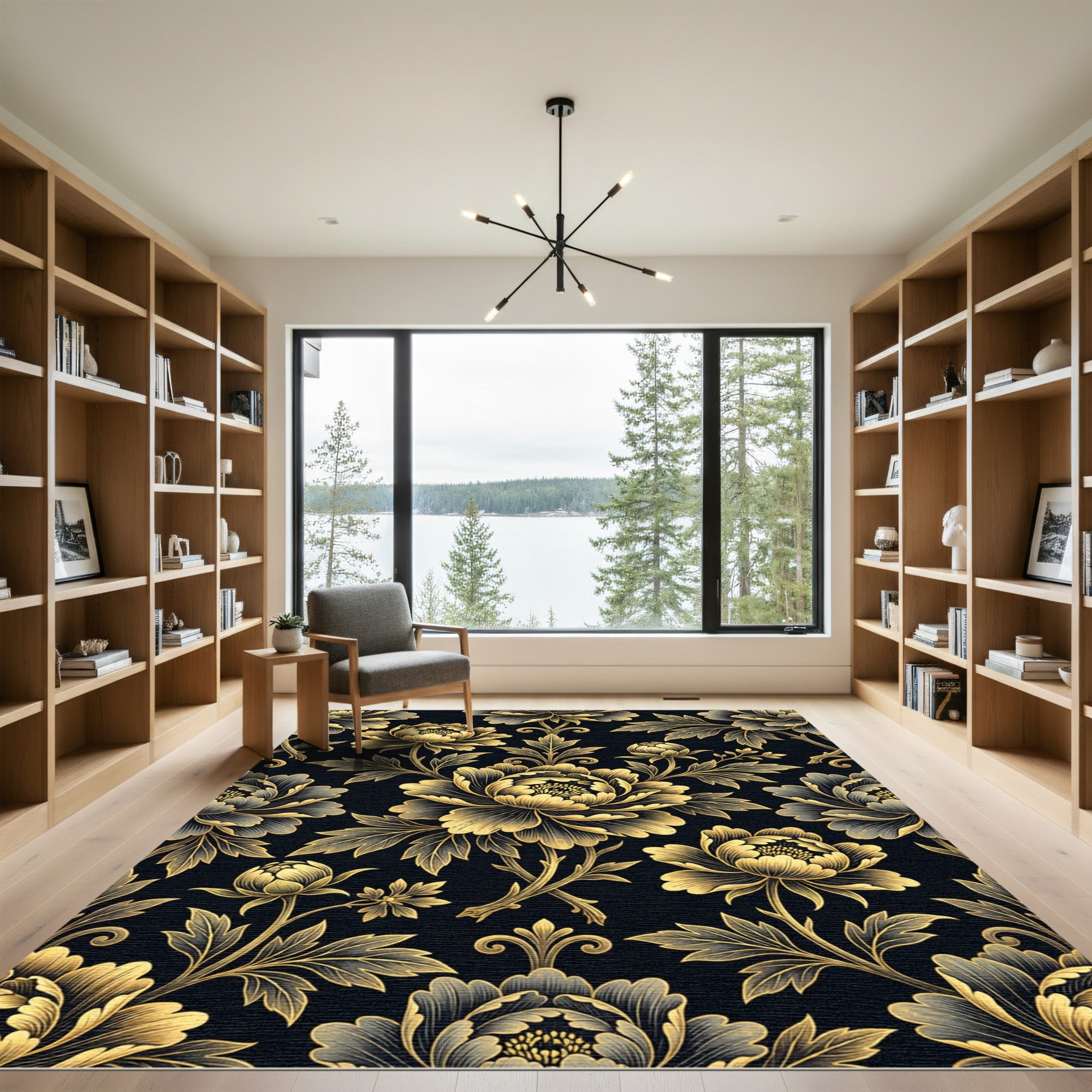 Elegant Golden Peony Floral Damask Rug