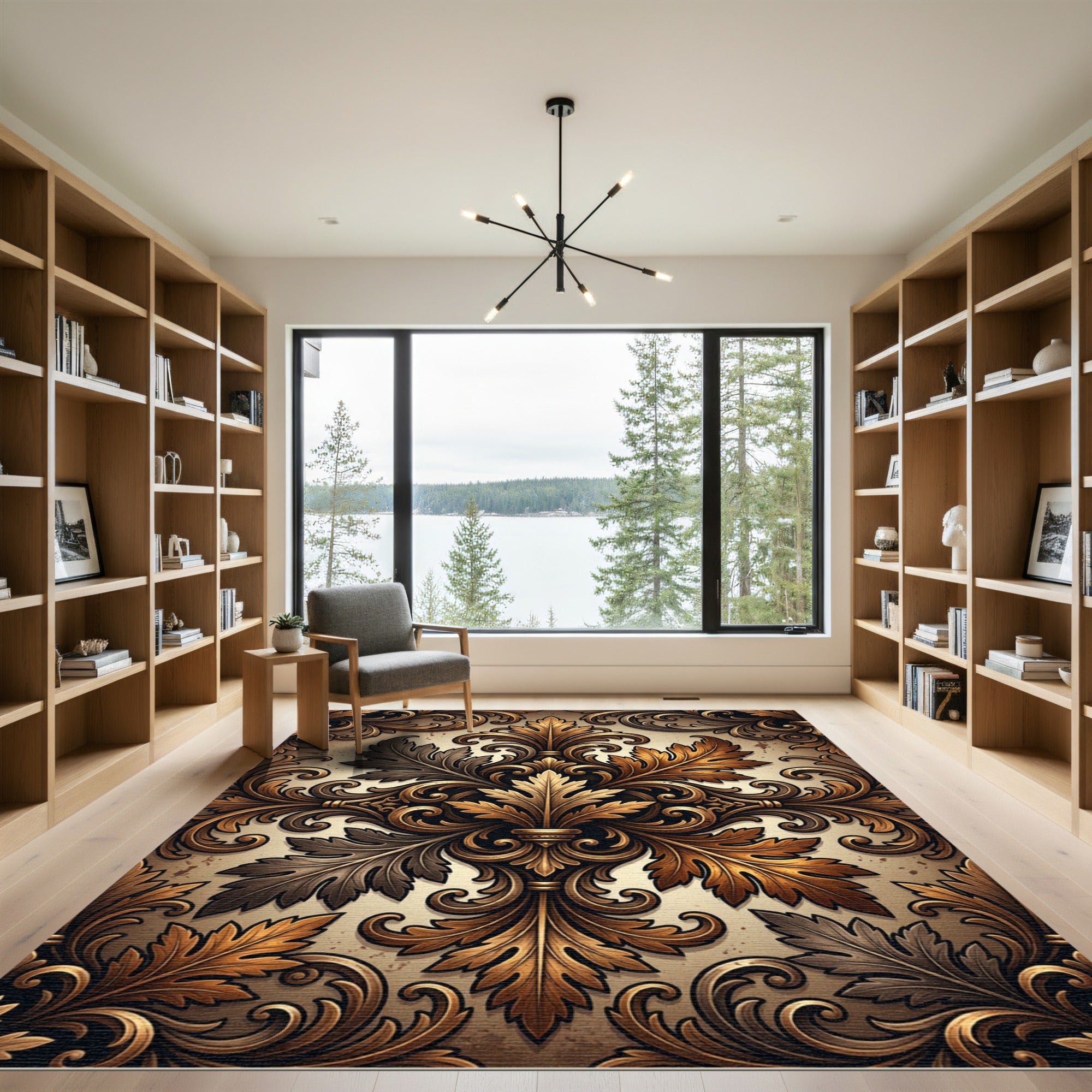 Golden Ornate Acanthus Damask Scroll Rug