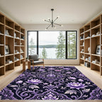 Elegant Purple Rose Lotus Damask Rug