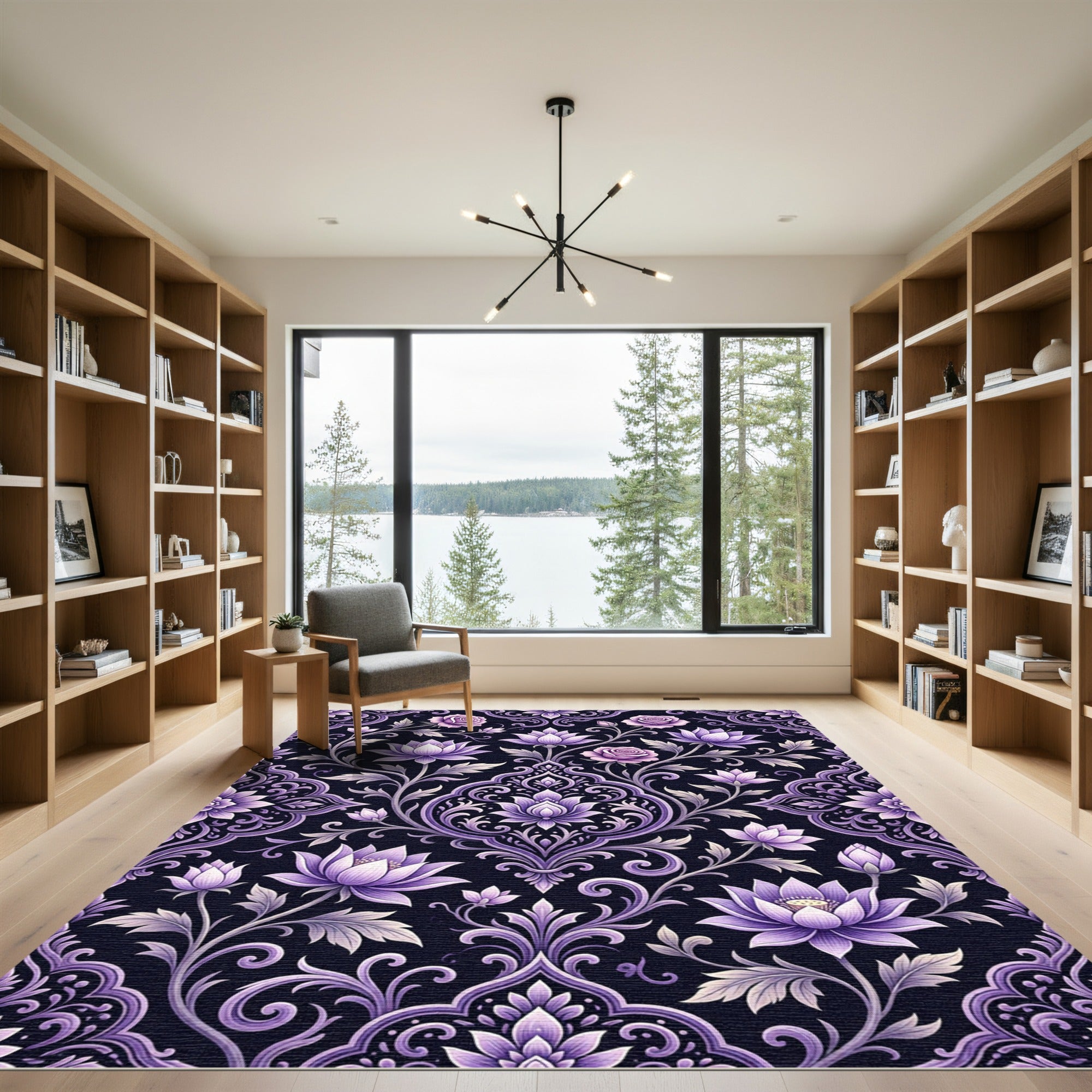 Elegant Purple Rose Lotus Damask Rug