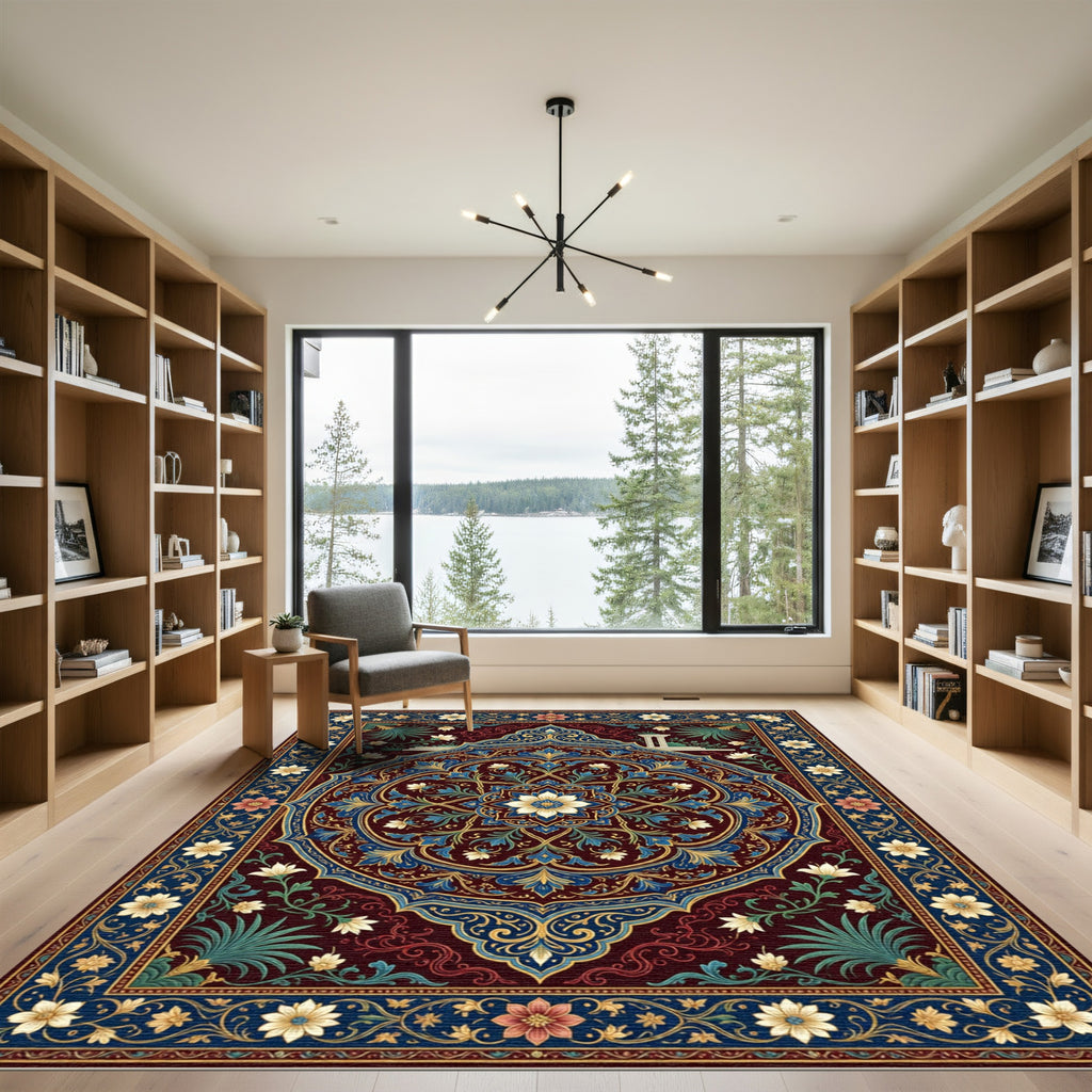 Ornate Blue Crimson Floral Medallion Rug