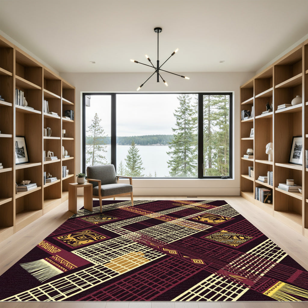 Geometric Maroon Gold African Lattice Rug