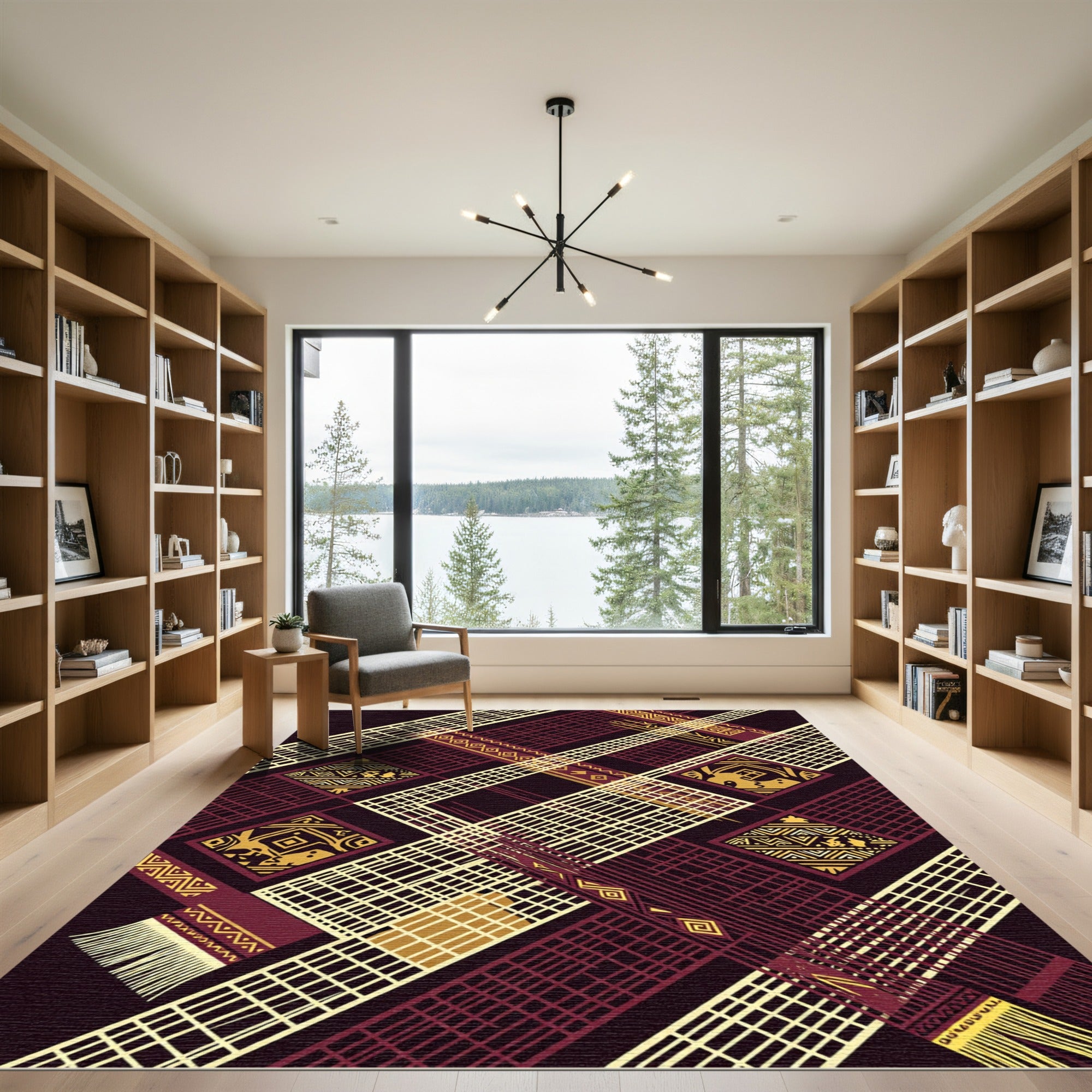 Geometric Maroon Gold African Lattice Rug