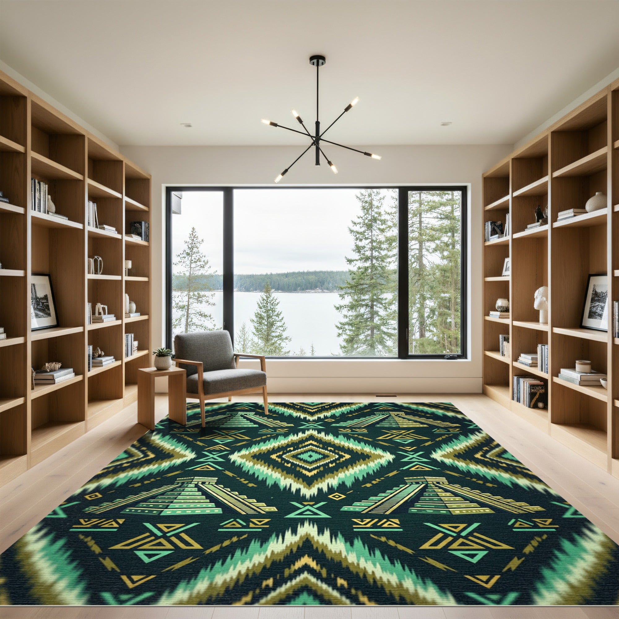 Aztec Pyramid Teal and Gold Ikat Rug