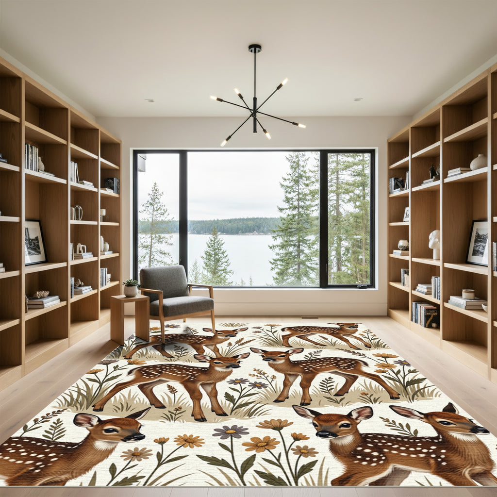 Whimsical Woodland Fawn and Wildflower Meadow Rug