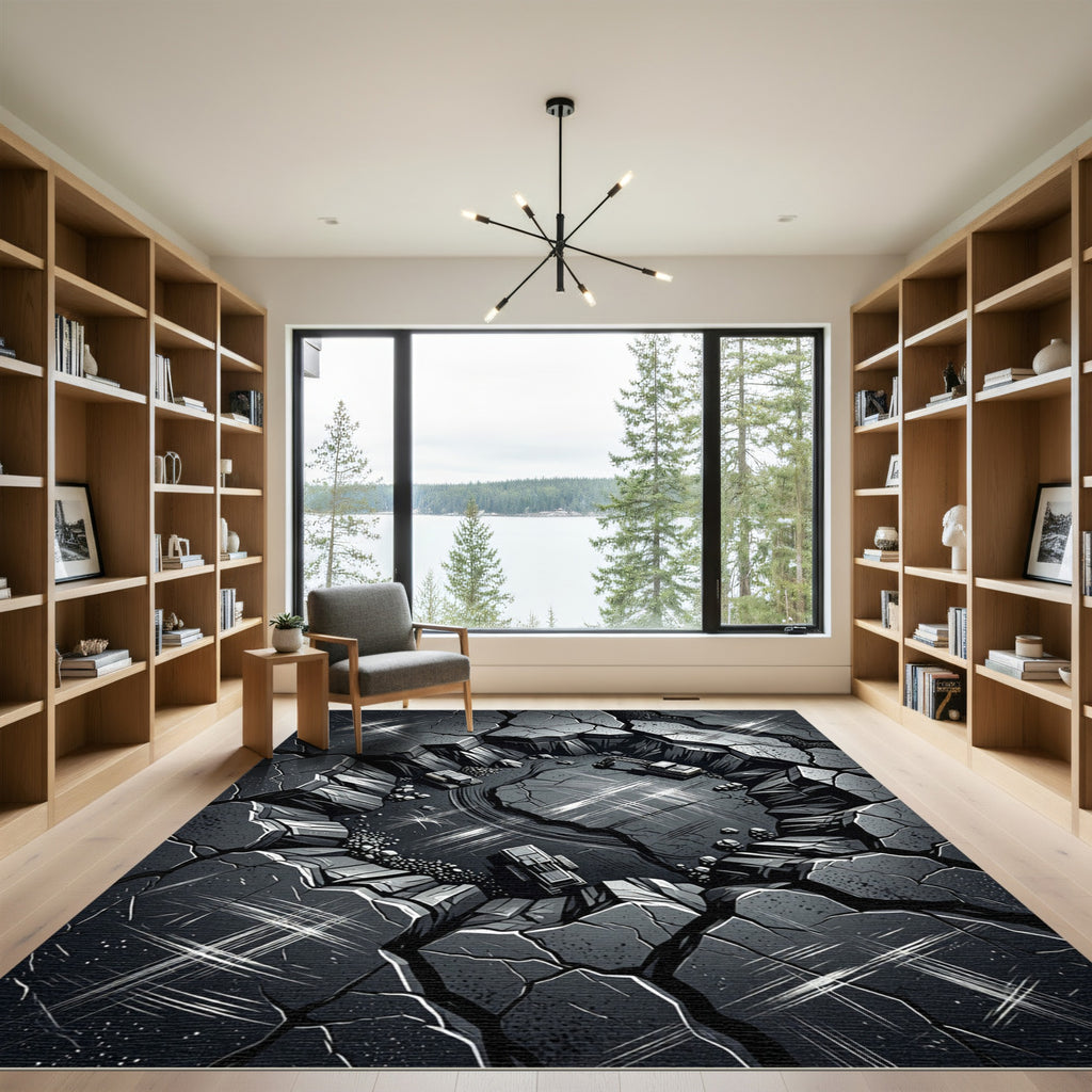 Dark Gray Quarry Excavation Scene Rug