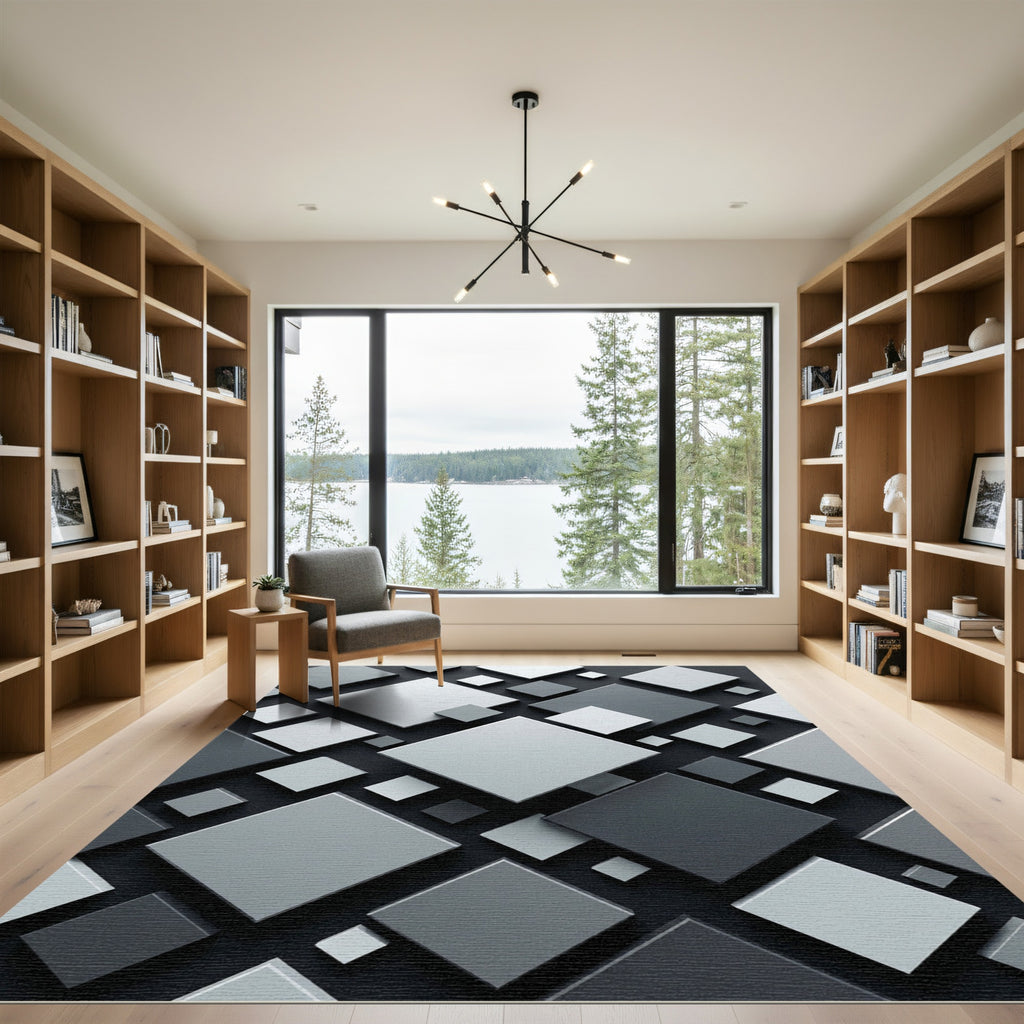 Modern Monochrome Gray Geometric Square Rug
