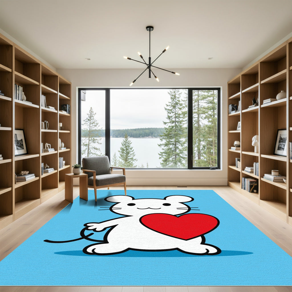 Cute White Mouse Red Heart Companionship Rug