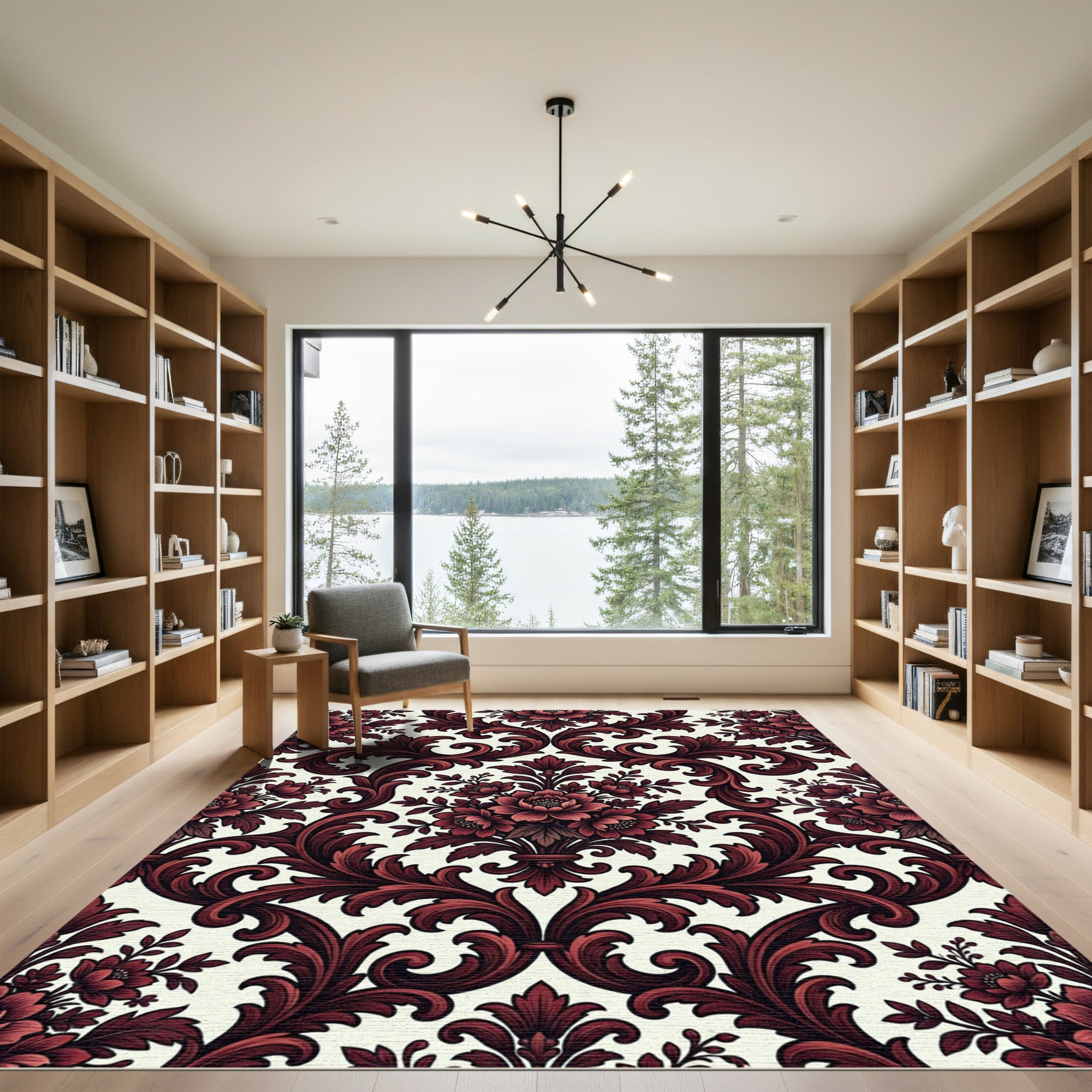 Dark Crimson Floral Damask Scroll Rug