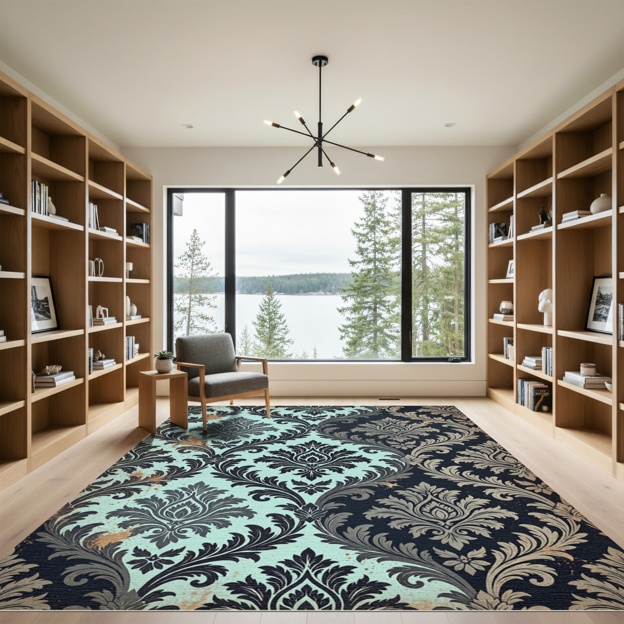 Two-Tone Aquamarine and Charcoal Damask Rug