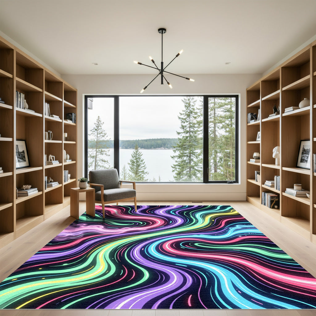 Vibrant Neon Swirl Abstract Wave Rug