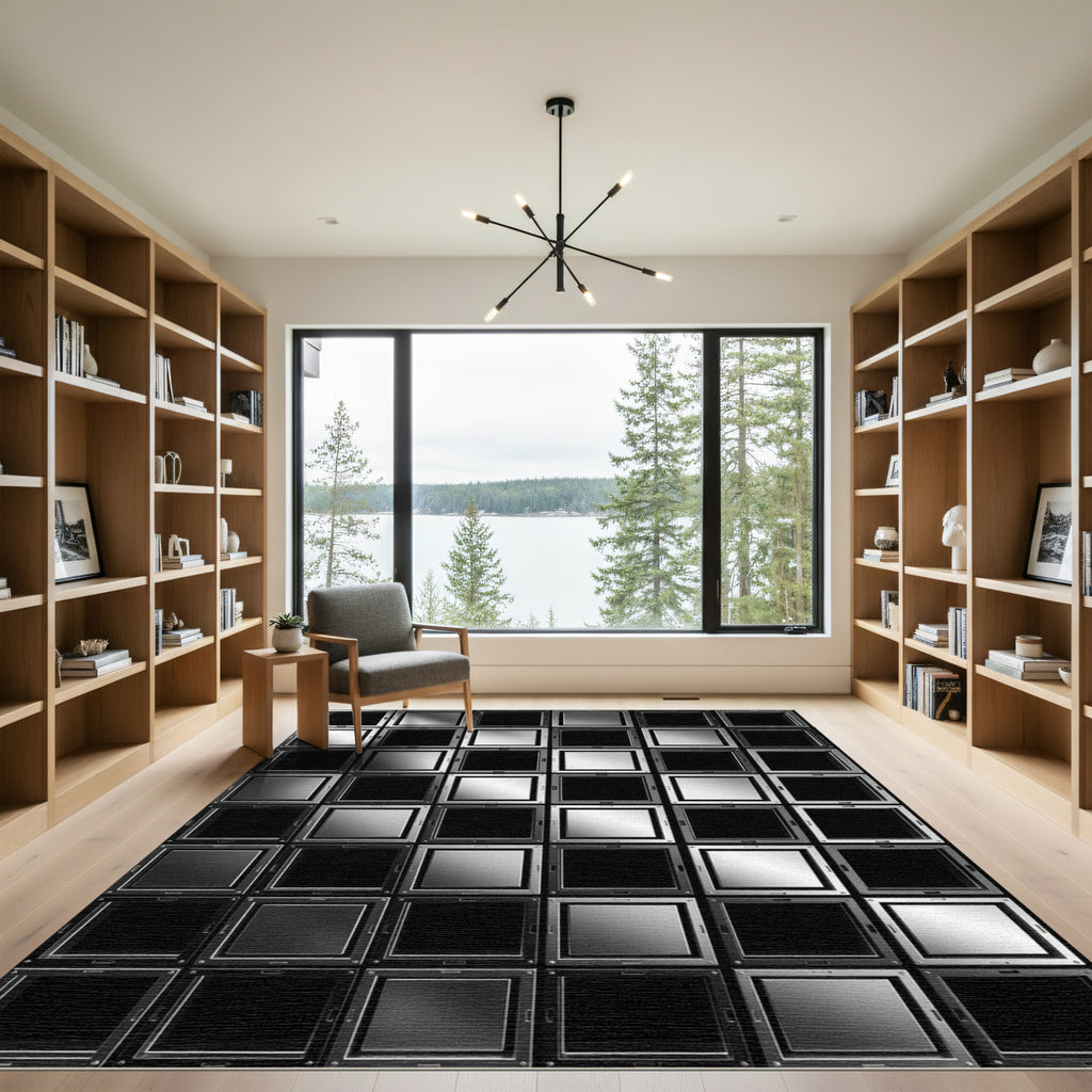 Monochrome Metallic Grid Geometric Square Rug