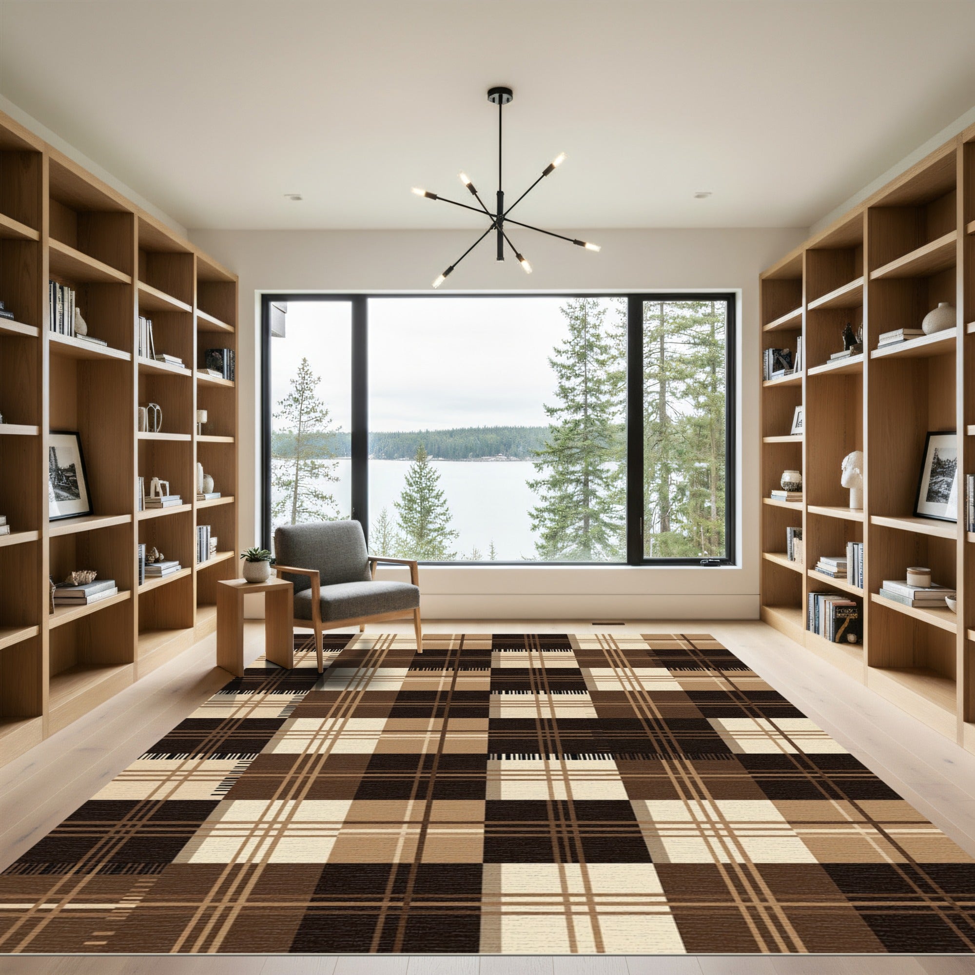 Brown Tan Plaid Grid Composition Rug