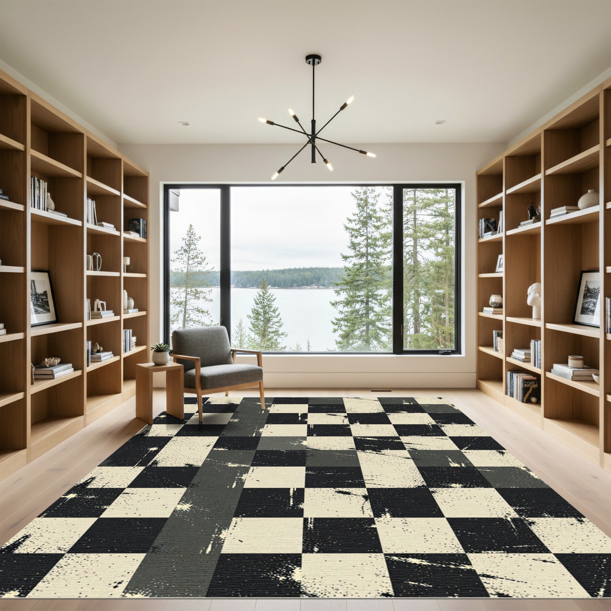 Distressed Monochrome Checkered Grid Rug