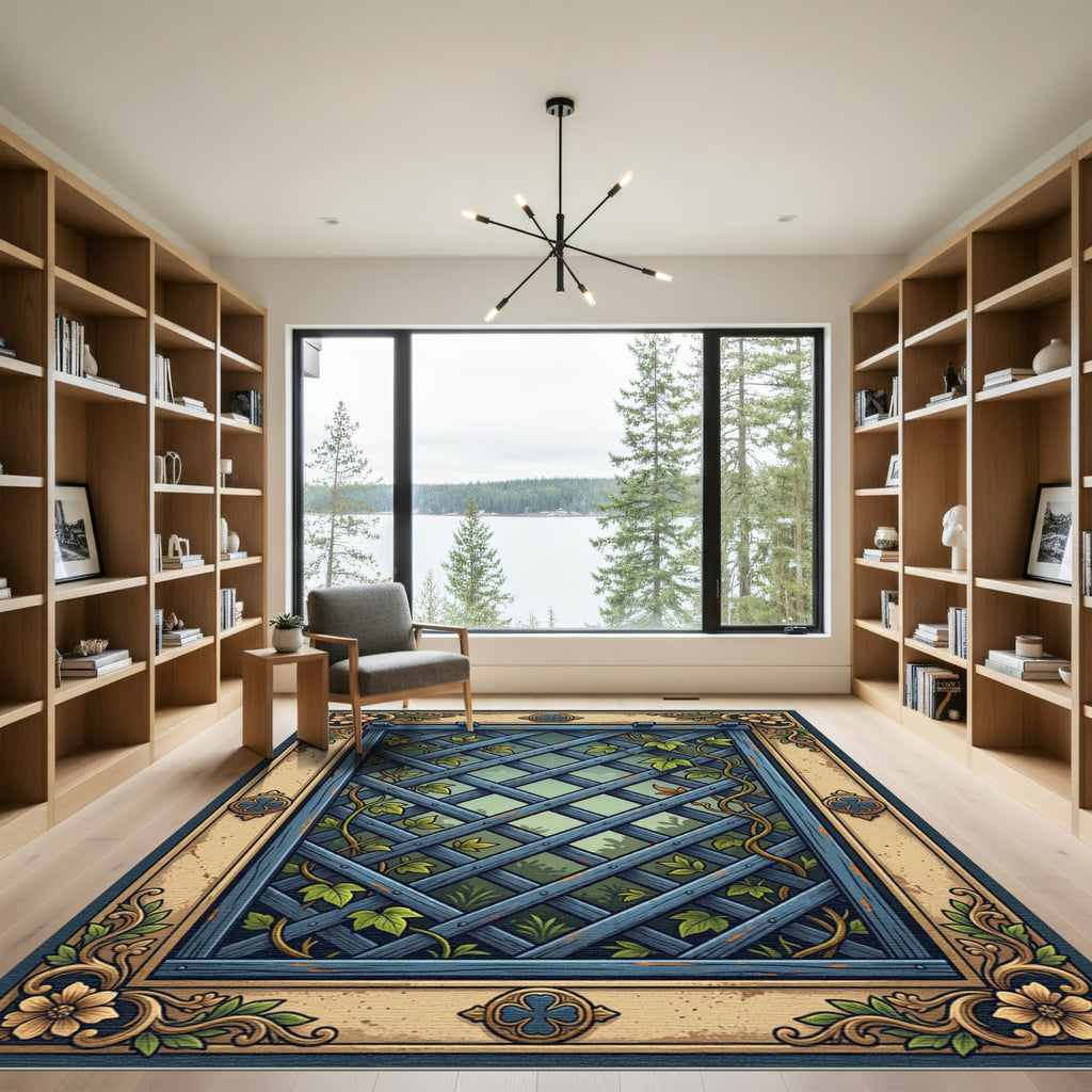 Blue Lattice Garden Vine Trellis Rug