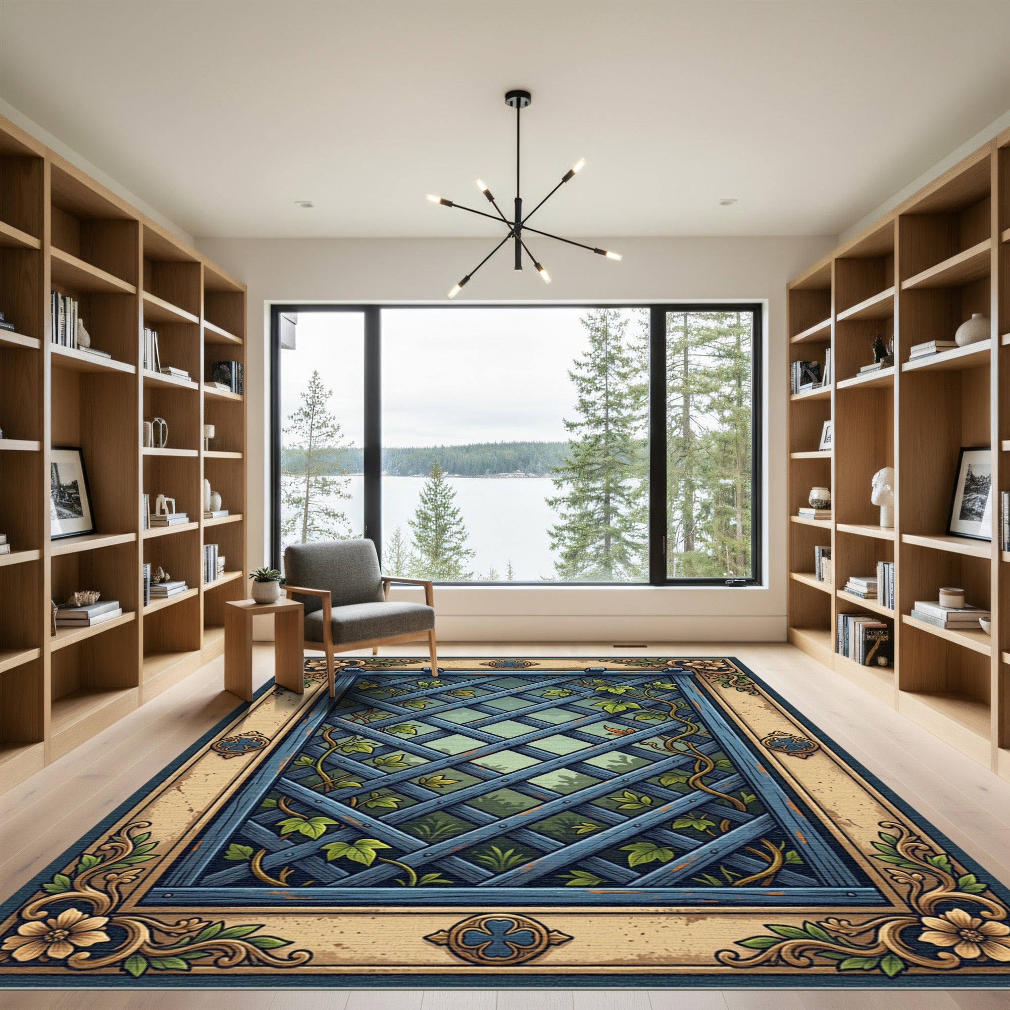 Blue Lattice Garden Vine Trellis Rug