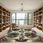 Ornate Pomegranate and Feather Gemstone Tapestry Rug