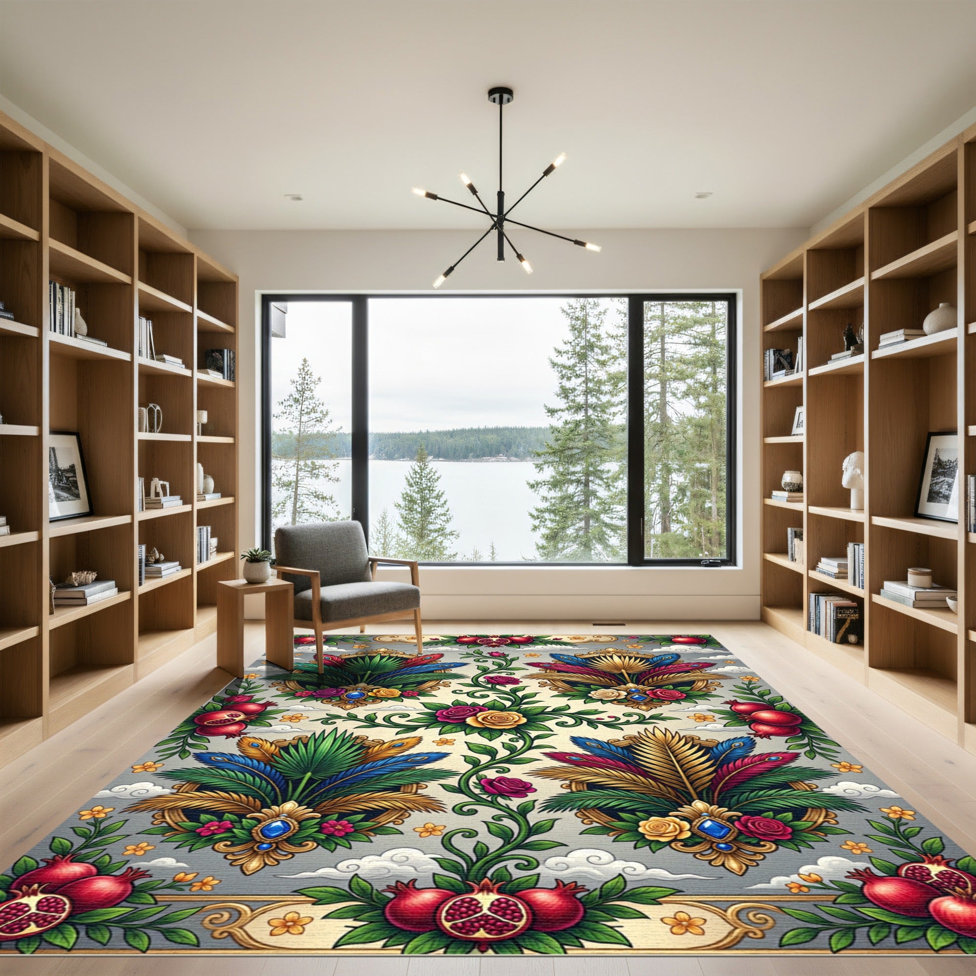 Ornate Pomegranate and Feather Gemstone Tapestry Rug