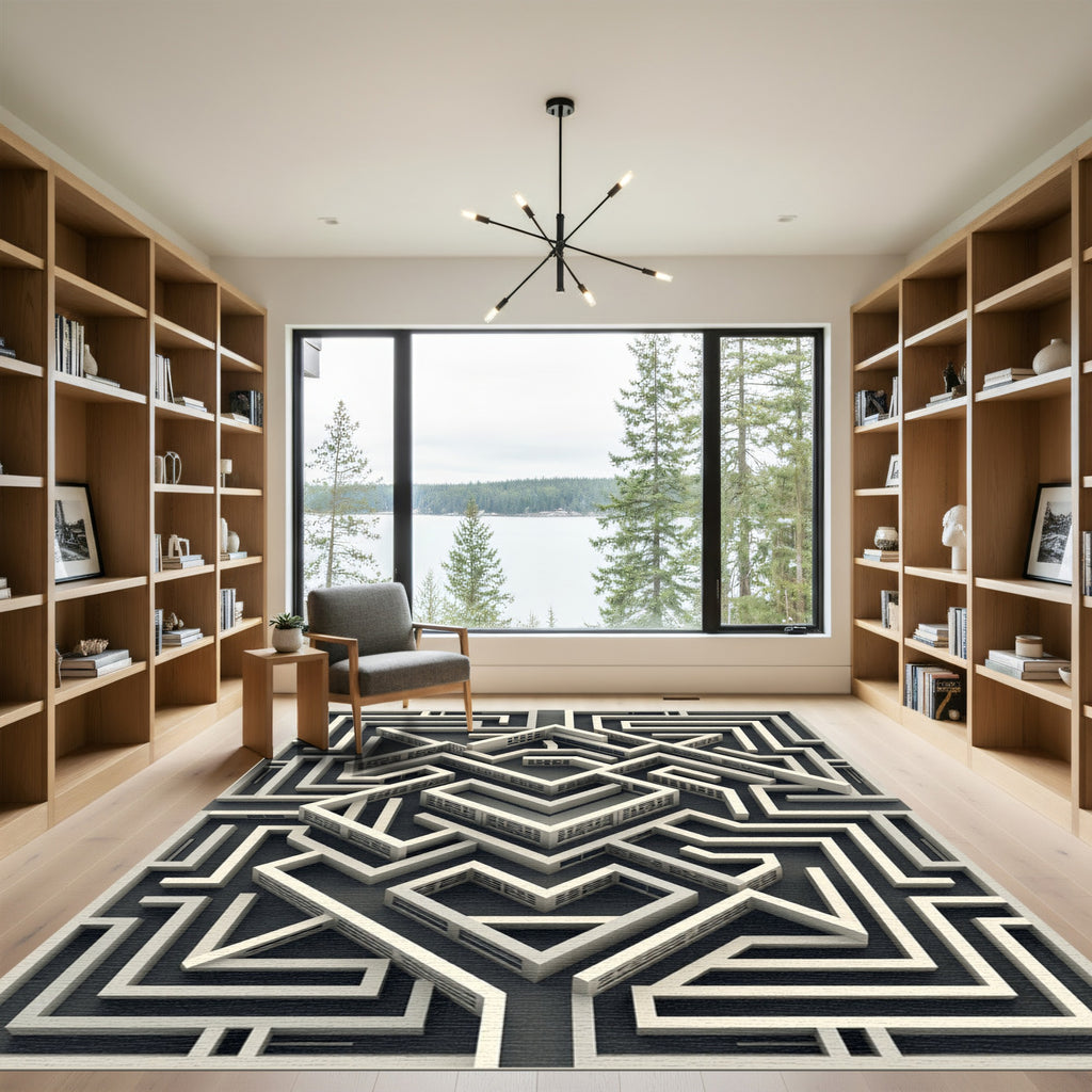 Monochrome Geometric Labyrinth Illusion Art Rug