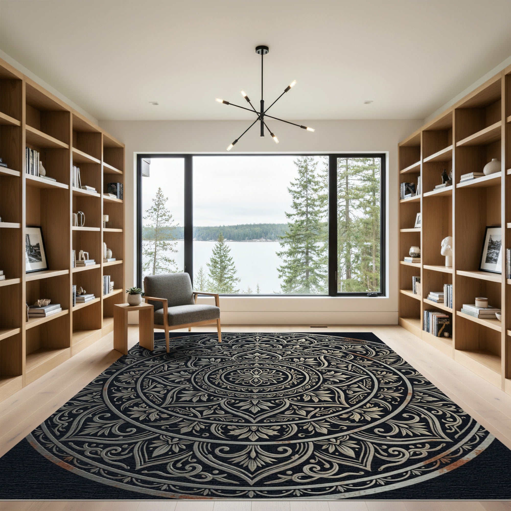 Ornate Metallic Silver Floral Medallion Rug