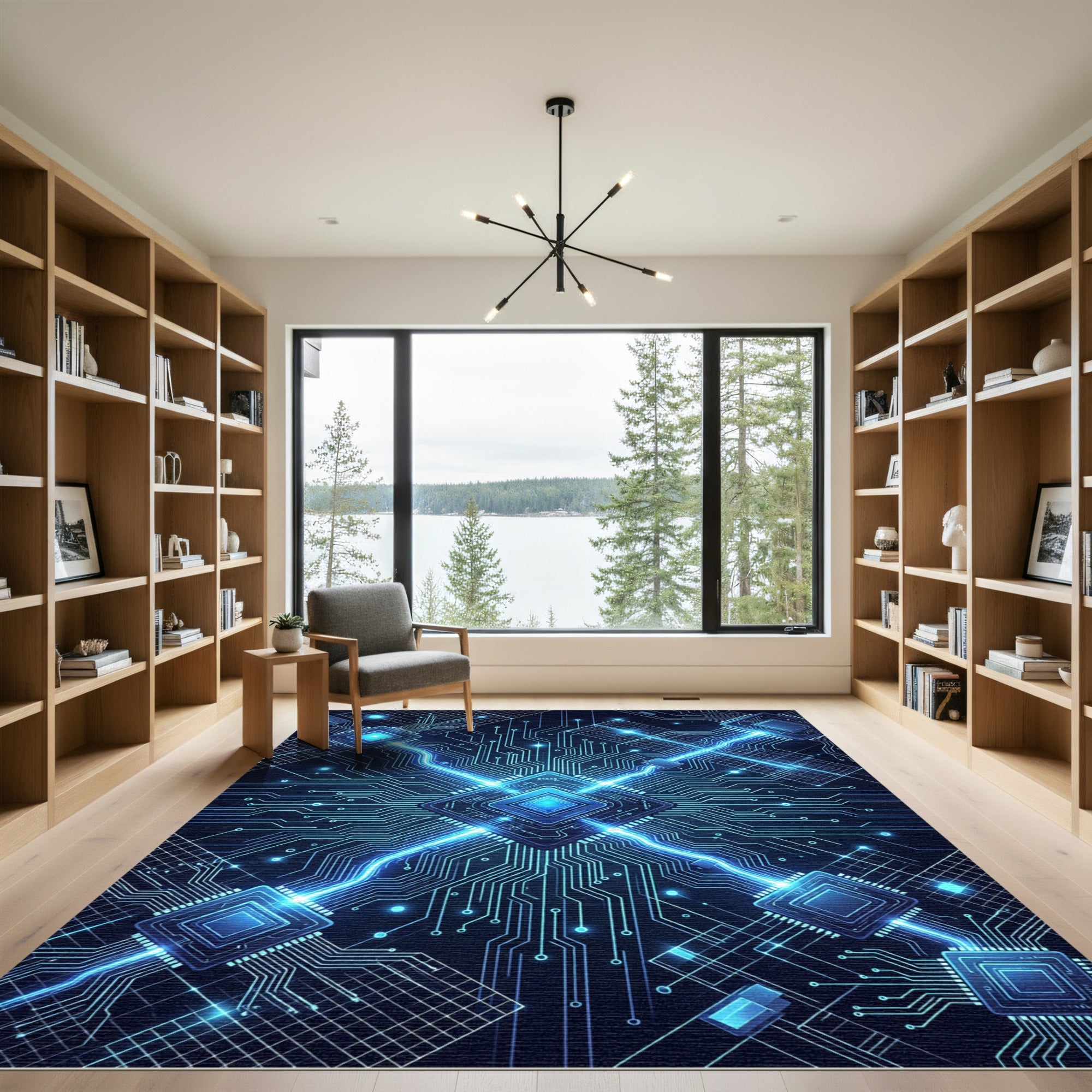 Luminous Blue Cybernetic Circuitry Geometric Rug