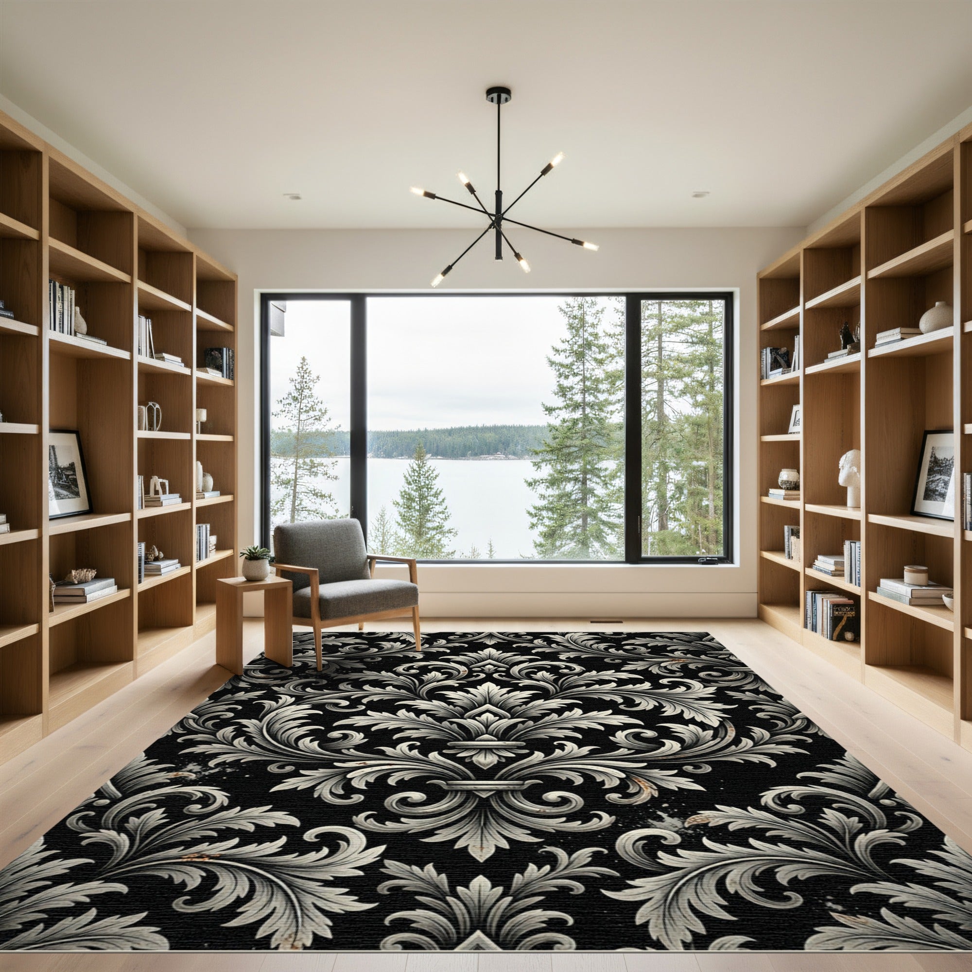 Elegant Monochrome Damask Scroll Filigree Rug