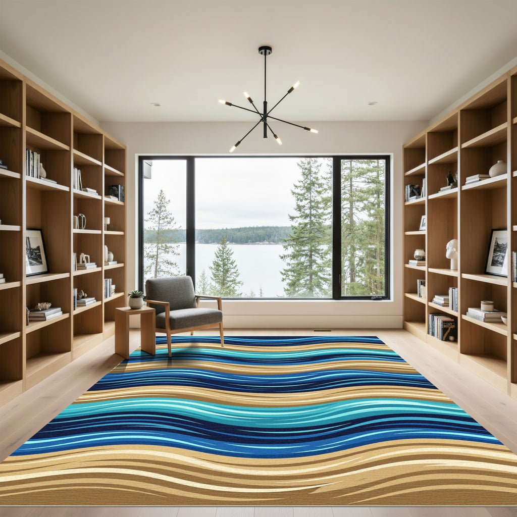 Coastal Blue and Sand Wavy Stripes Rug