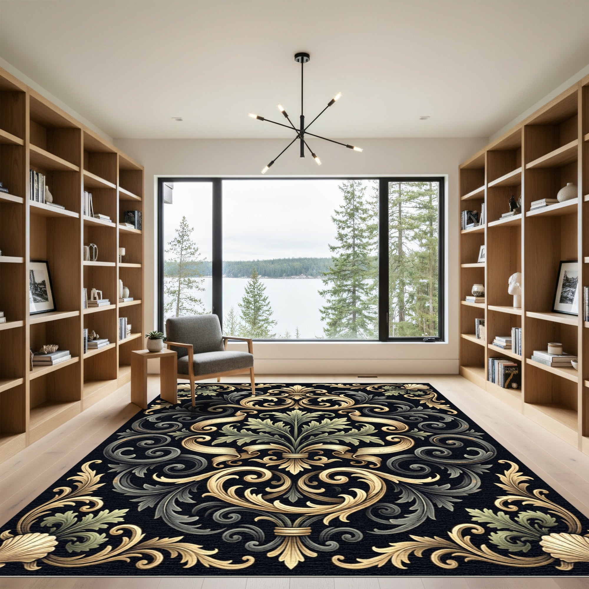 Elegant Gold Black Baroque Acanthus Scroll Rug