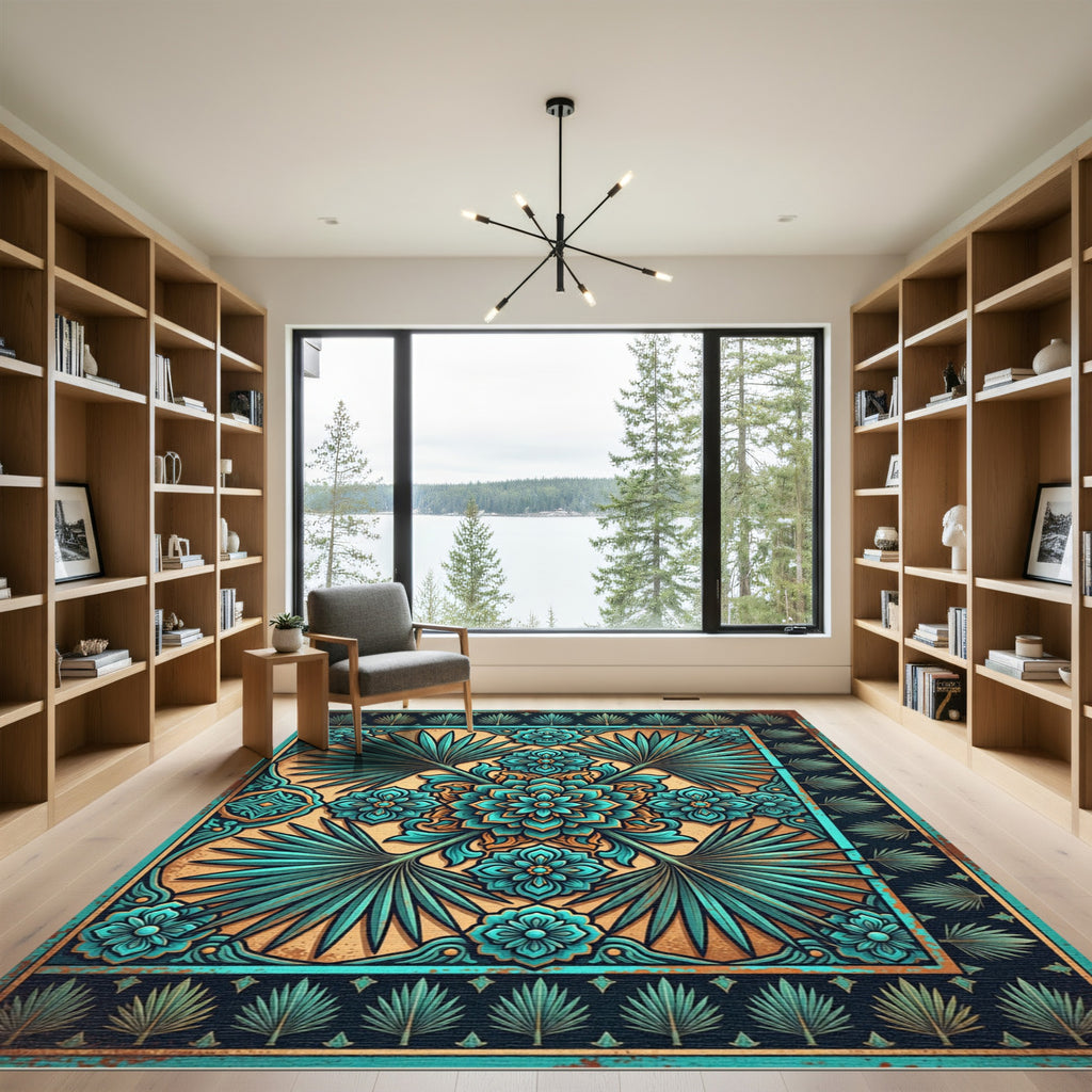 Tropical Teal Floral Medallion Art Rug