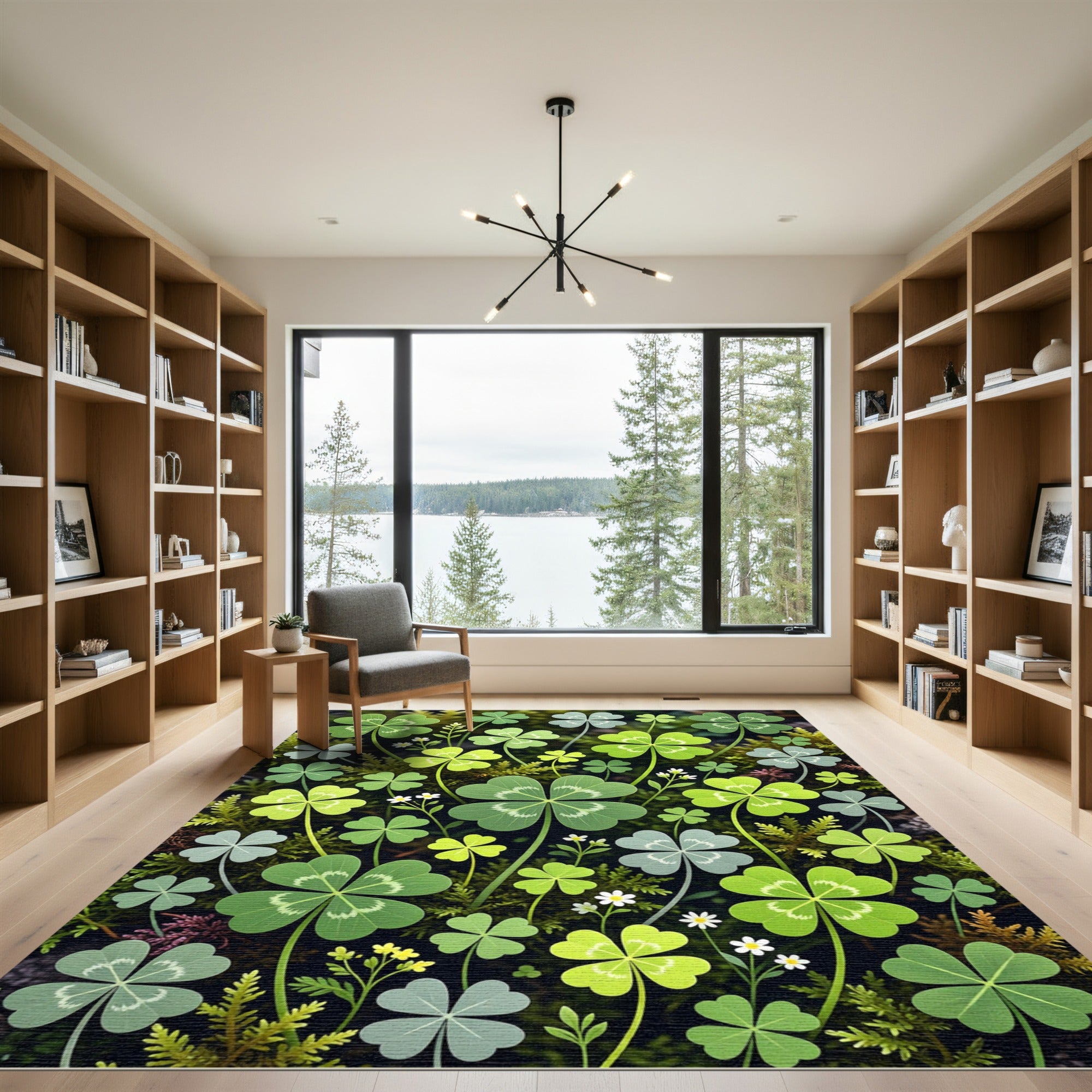 Whimsical Green Botanical Lucky Clover Field Rug