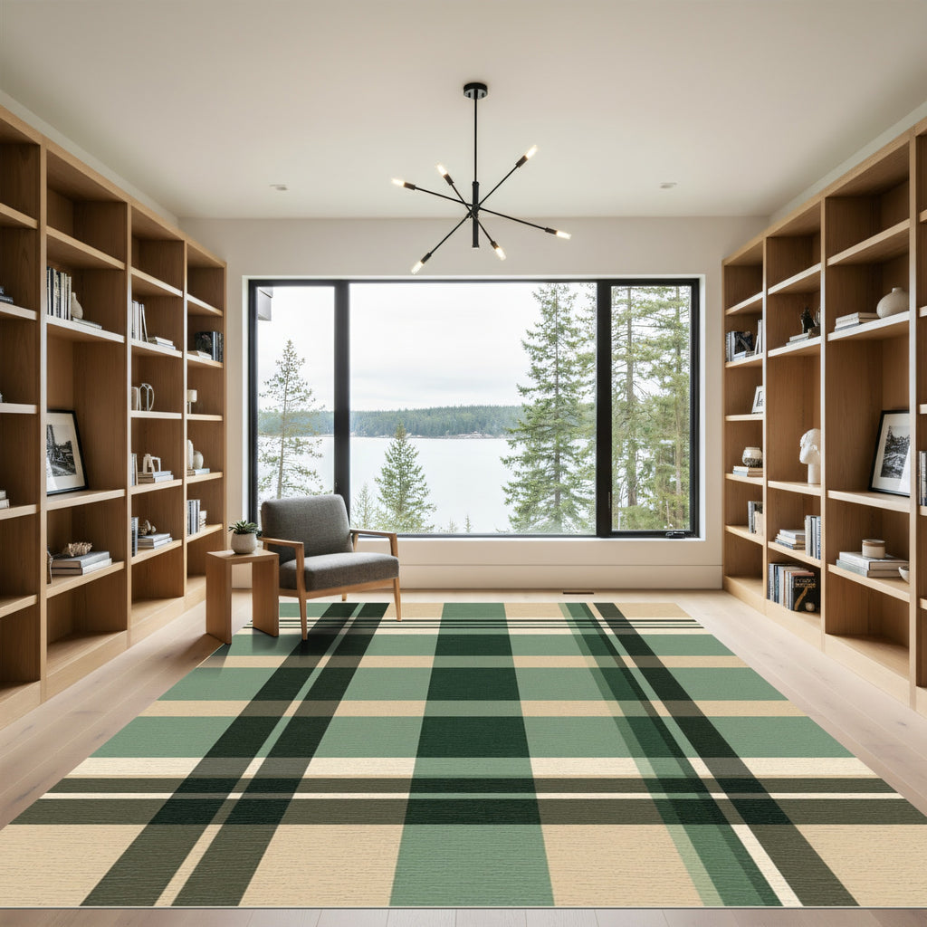 Green Beige Plaid Pattern Rug