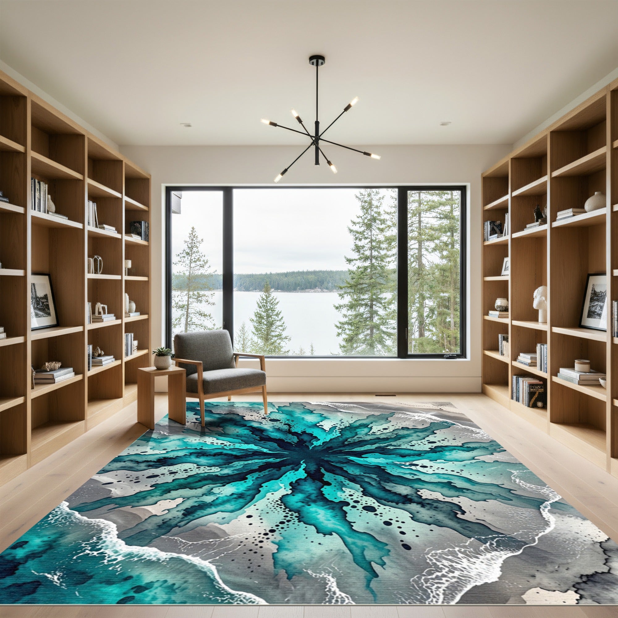 Teal Abstract Oceanic Swirl Burst Rug