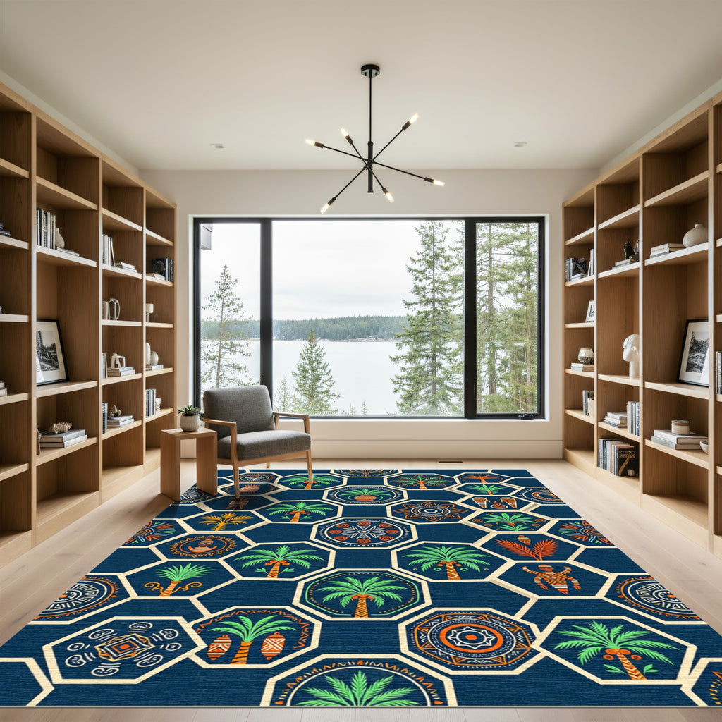 Navy Aztec Palm Geometric Hexagon Rug