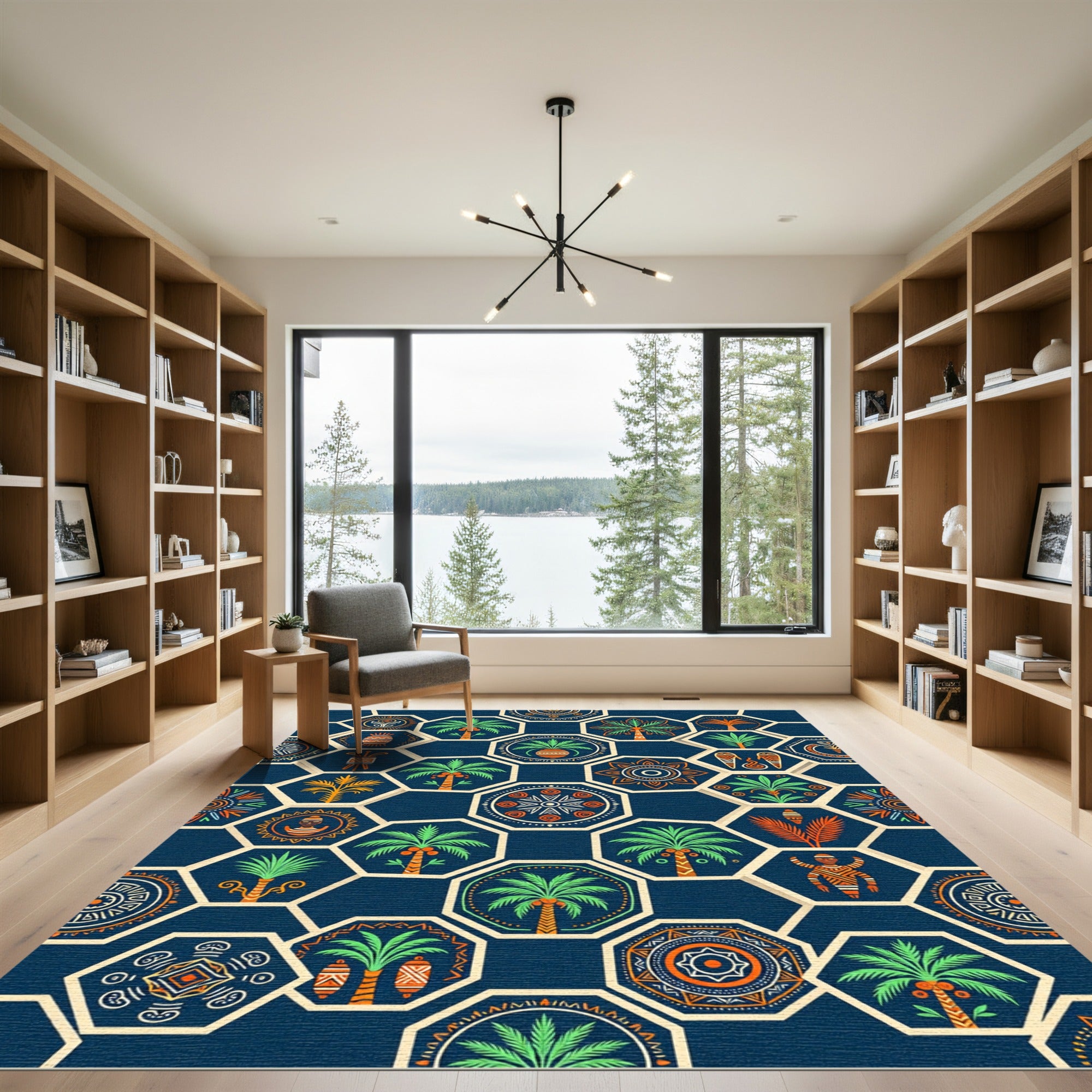 Navy Aztec Palm Geometric Hexagon Rug