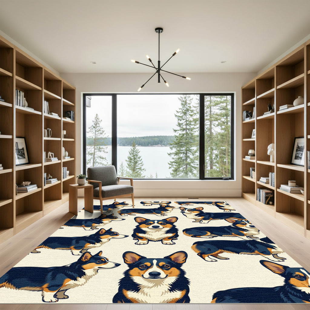 Cute Tricolor Corgi Dog Illustration Rug
