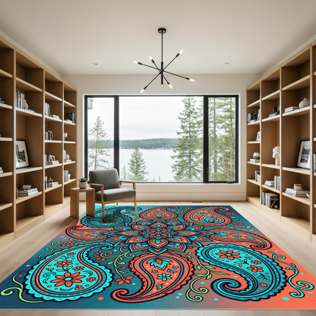 Vibrant Teal Orange Paisley Floral Medallion Rug