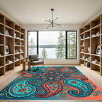 Vibrant Teal Orange Paisley Floral Medallion Rug