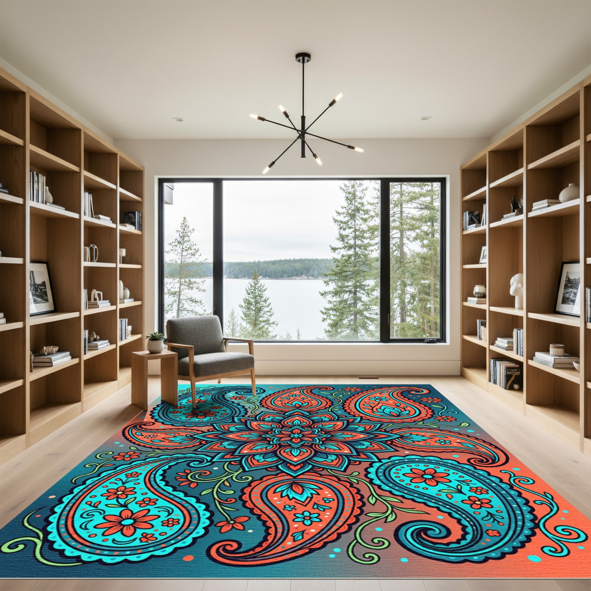 Vibrant Teal Orange Paisley Floral Medallion Rug
